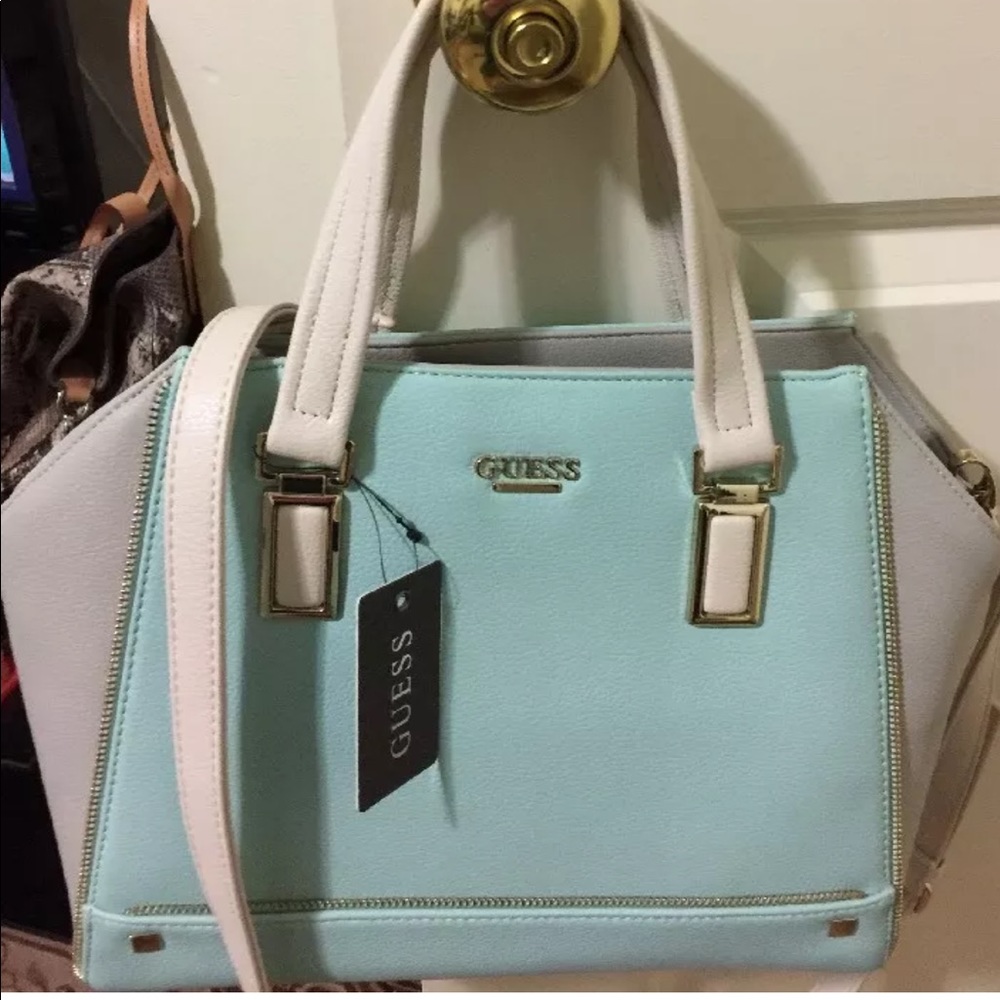 Guess Harper Leather handbag color Mint  Tan